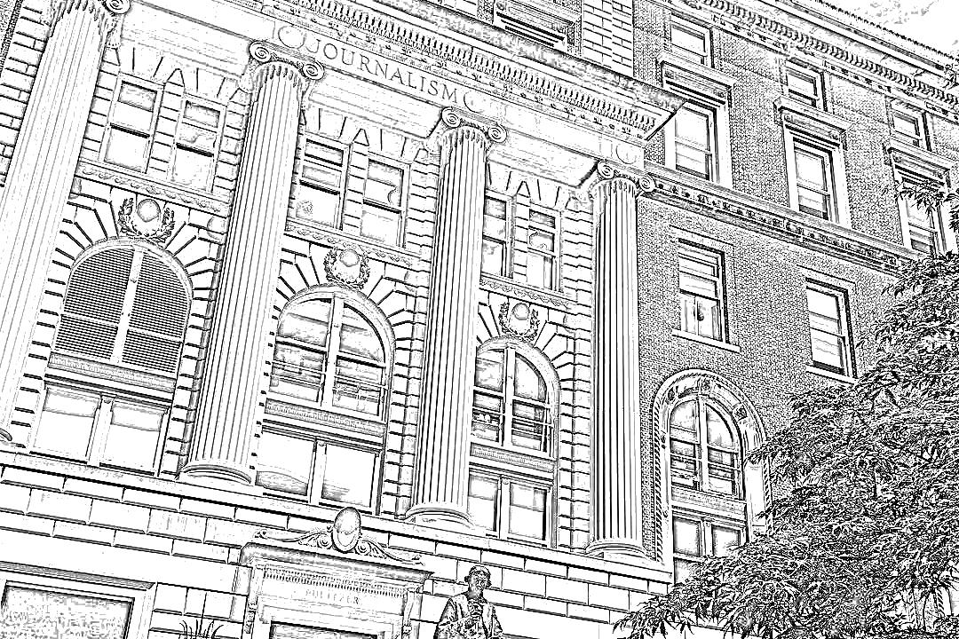 Drawing adapted from a photo by Columbex, CC0, via Wikimedia Commons Line drawing of Pulitzer Hall, Columbia Journalism School