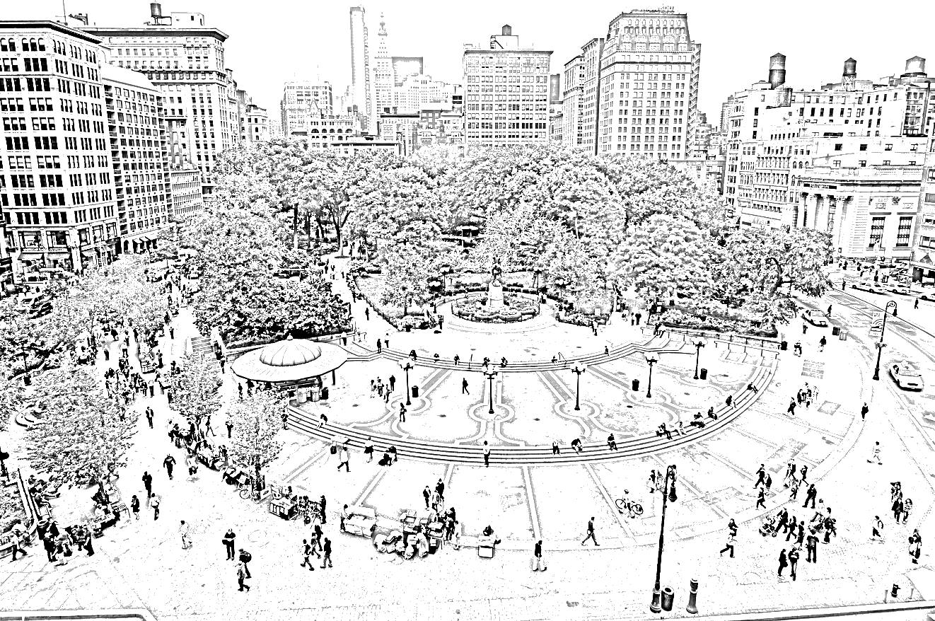 Drawing adapted from a photo by chensiyuan, CC BY-SA 4.0, via Wikimedia Commons Line drawing of Union Square, New York, seen from above