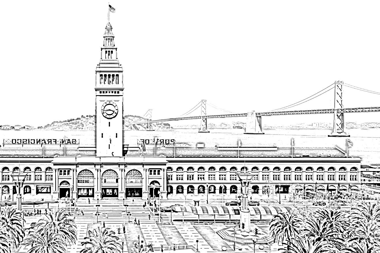 Drawing adapted from a photo by JaGa, CC BY-SA 4.0, via Wikimedia Commons Line drawing of the Ferry Building and the Bay Bridge, San Francisco