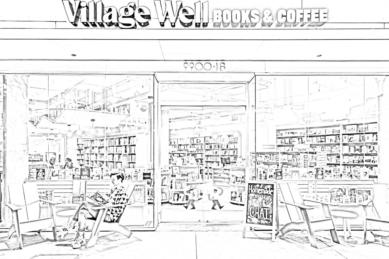 Drawing adapted from a photo of Village Well Books & Coffee Line drawing of the Village Well Books & Coffee storefront, Culver City